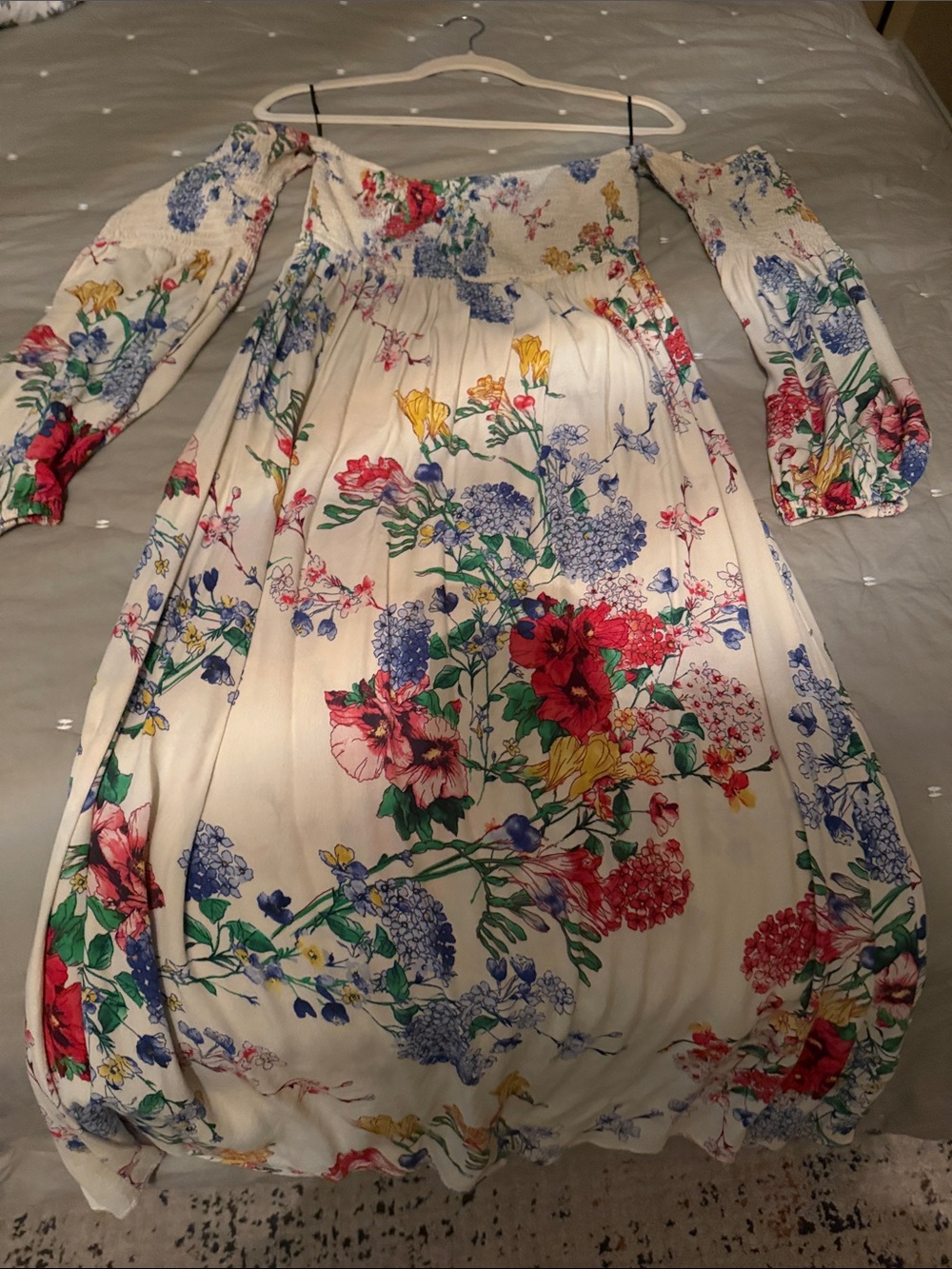 Zara Cream Floral Off-Shoulder Women’s Dress with Red, Blue & Yellow Blooms